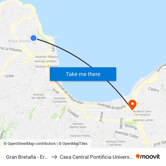 Gran Bretaña - Errazuriz Echaurren to Casa Central Pontificia Universidad Católica De Valparaíso map