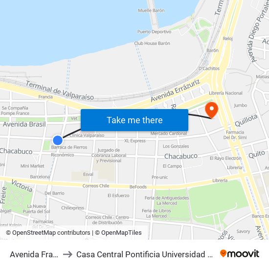 Avenida Francia, 214 to Casa Central Pontificia Universidad Católica De Valparaíso map