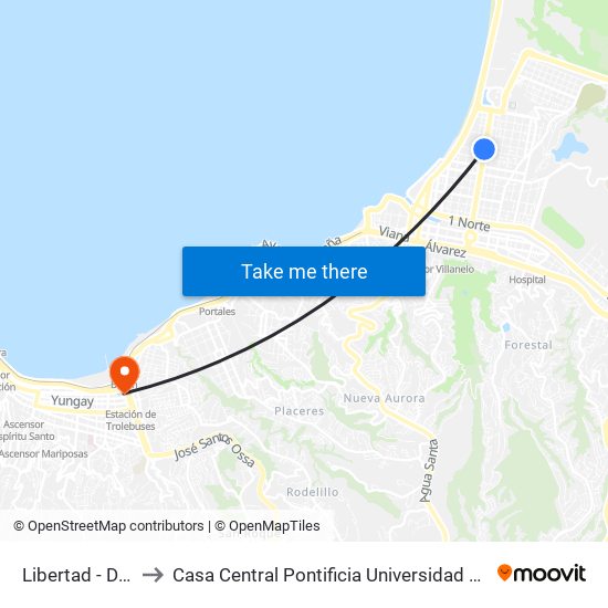Libertad - Diez Norte to Casa Central Pontificia Universidad Católica De Valparaíso map