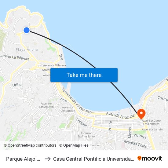 Parque Alejo Barrios / Sur to Casa Central Pontificia Universidad Católica De Valparaíso map