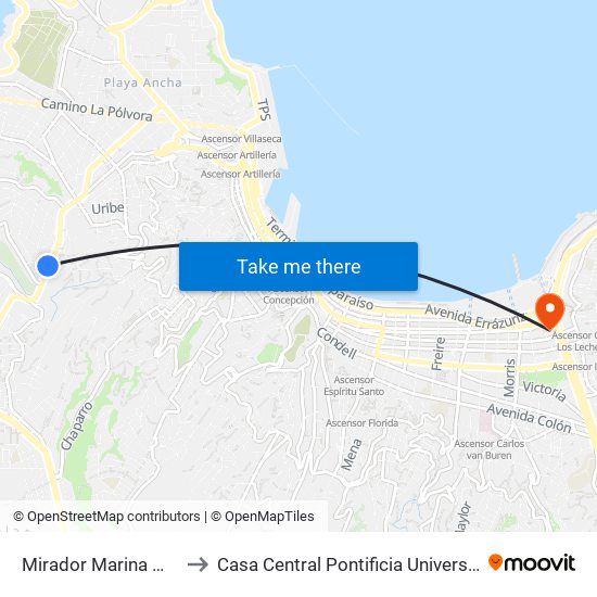 Mirador Marina Mercante Poniente to Casa Central Pontificia Universidad Católica De Valparaíso map