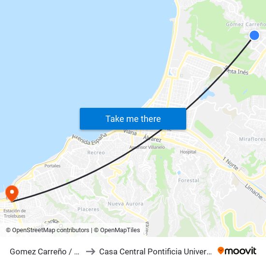 Gomez Carreño / Sanatorio Marítimo to Casa Central Pontificia Universidad Católica De Valparaíso map