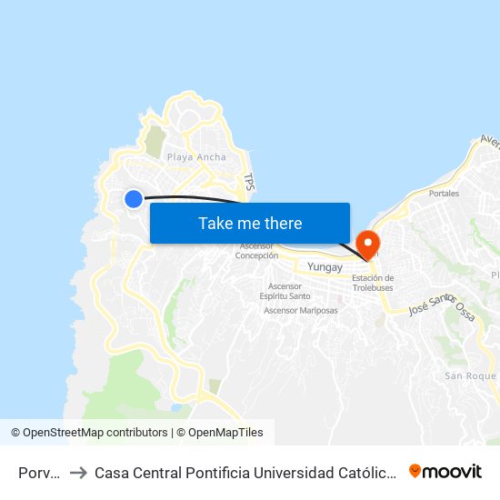 Porvenir to Casa Central Pontificia Universidad Católica De Valparaíso map