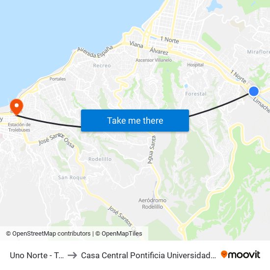 Uno Norte - Troncal Sur to Casa Central Pontificia Universidad Católica De Valparaíso map