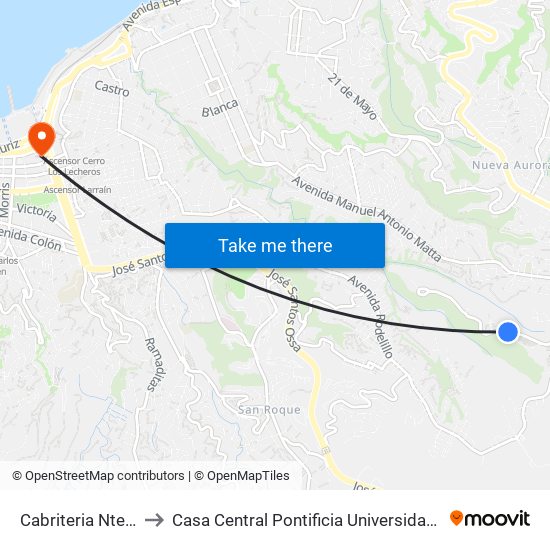 Cabriteria Nte - El Huilmo to Casa Central Pontificia Universidad Católica De Valparaíso map