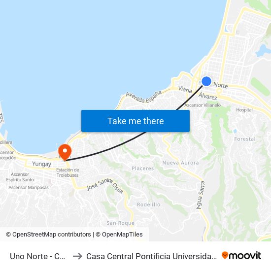 Uno Norte - Cuatro Puente to Casa Central Pontificia Universidad Católica De Valparaíso map