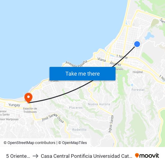 5 Oriente, 1219 to Casa Central Pontificia Universidad Católica De Valparaíso map