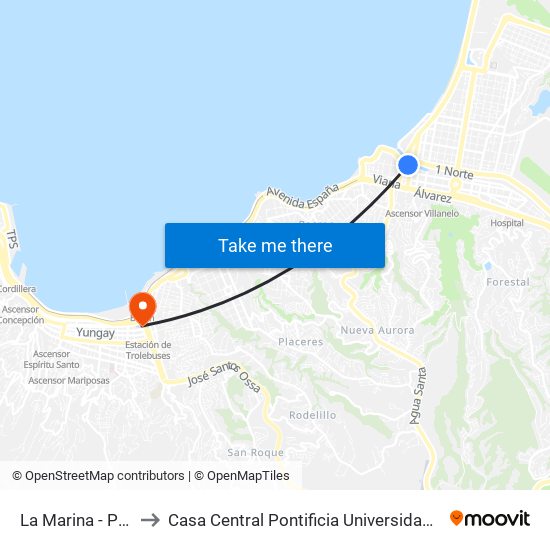 La Marina - Pte Ecuador to Casa Central Pontificia Universidad Católica De Valparaíso map