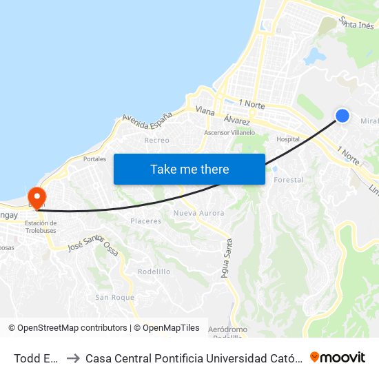Todd Evered to Casa Central Pontificia Universidad Católica De Valparaíso map