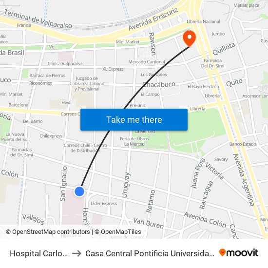 Hospital Carlos Van Buren to Casa Central Pontificia Universidad Católica De Valparaíso map