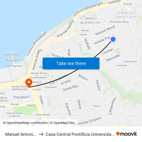 Manuel Antonio 402 Matta to Casa Central Pontificia Universidad Católica De Valparaíso map