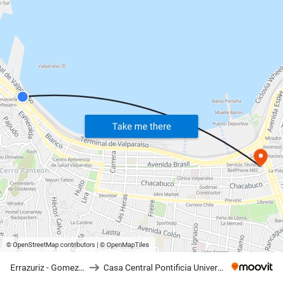 Errazuriz - Gomez Carreño / Oriente to Casa Central Pontificia Universidad Católica De Valparaíso map