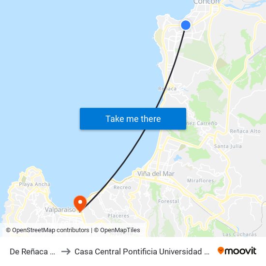 De Reñaca - Petrelis to Casa Central Pontificia Universidad Católica De Valparaíso map