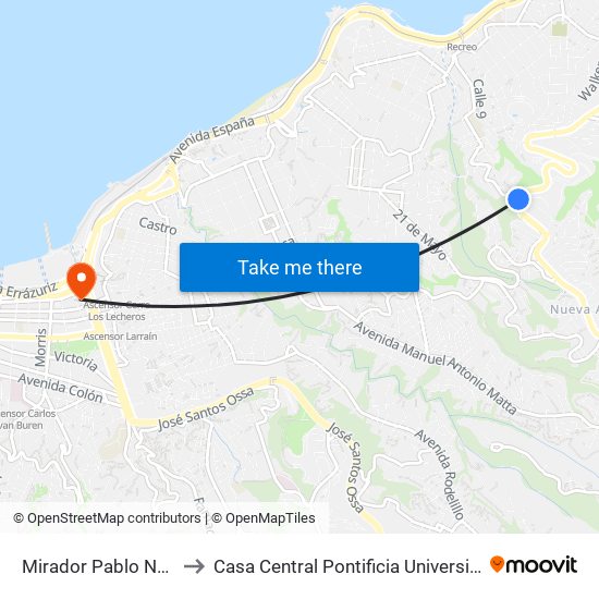 Mirador Pablo Nerudaagua Santa to Casa Central Pontificia Universidad Católica De Valparaíso map
