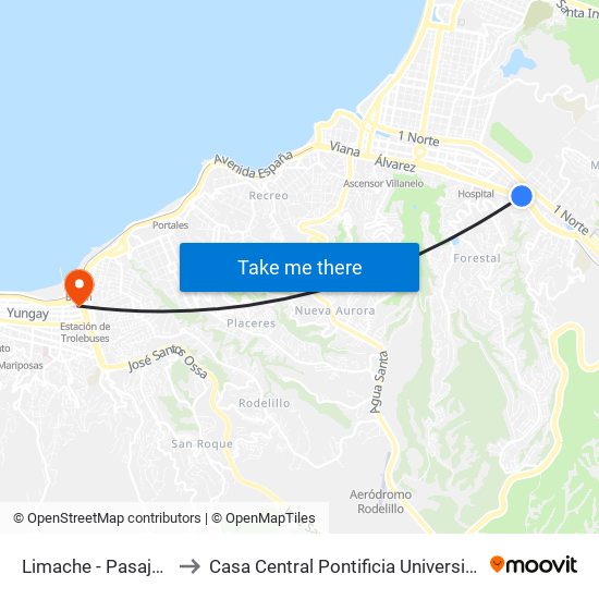Limache - Pasaje 2047 Limache to Casa Central Pontificia Universidad Católica De Valparaíso map