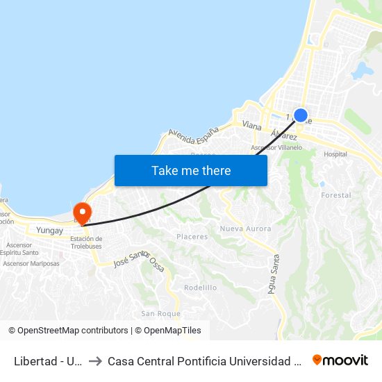 Libertad - Uno Norte to Casa Central Pontificia Universidad Católica De Valparaíso map