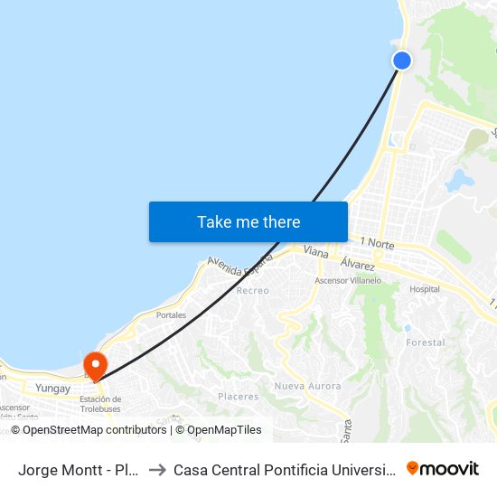 Jorge Montt - Playa Del Deporte to Casa Central Pontificia Universidad Católica De Valparaíso map