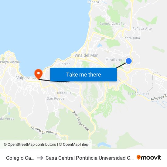 Colegio Castellano to Casa Central Pontificia Universidad Católica De Valparaíso map