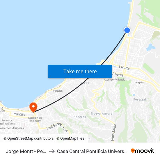 Jorge Montt - Petrobras / Oriente to Casa Central Pontificia Universidad Católica De Valparaíso map