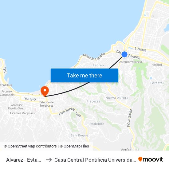 Álvarez - Estación Miramar to Casa Central Pontificia Universidad Católica De Valparaíso map