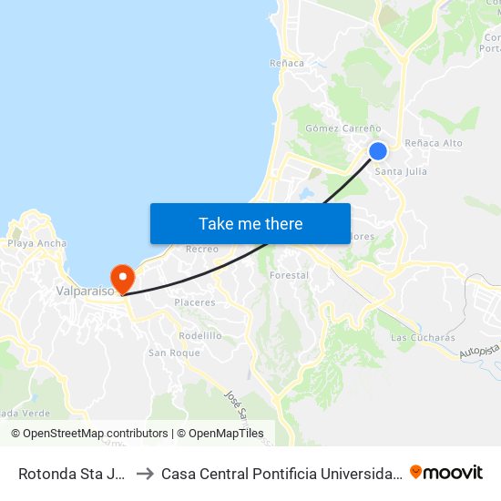 Rotonda Sta Julia / Oriente to Casa Central Pontificia Universidad Católica De Valparaíso map