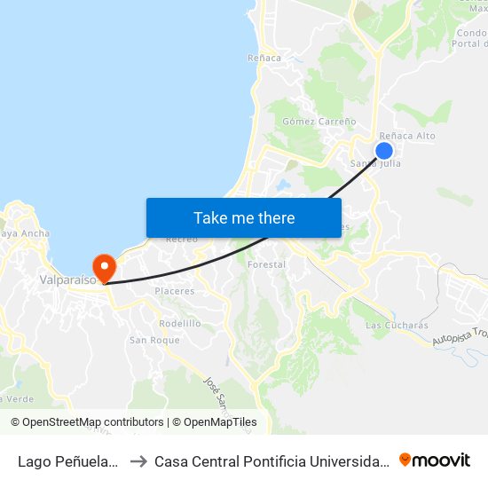 Lago Peñuelas - Calle Dos to Casa Central Pontificia Universidad Católica De Valparaíso map