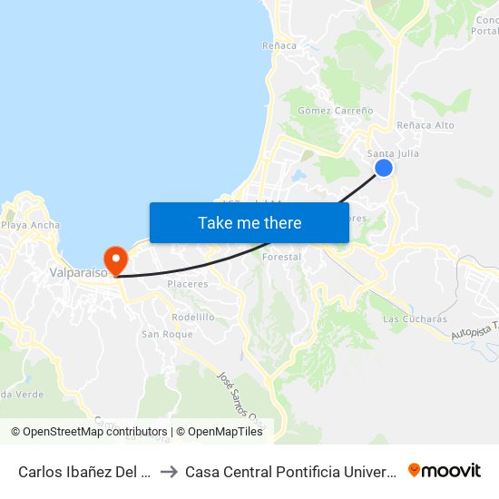 Carlos Ibañez Del Campo - Guacolda to Casa Central Pontificia Universidad Católica De Valparaíso map