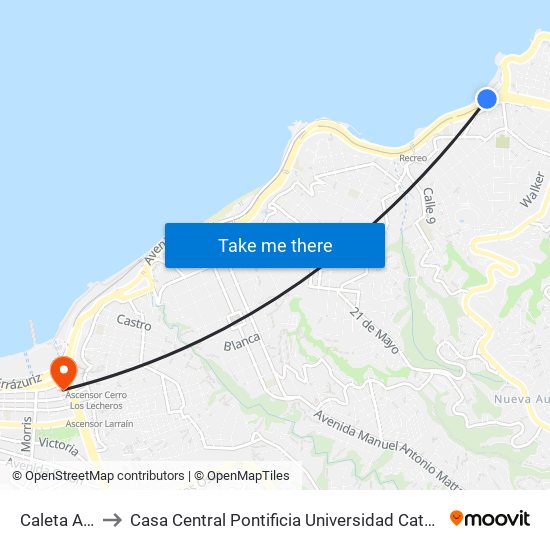 Caleta Abarca to Casa Central Pontificia Universidad Católica De Valparaíso map