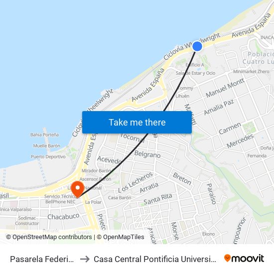 Pasarela Federico Santa Maria to Casa Central Pontificia Universidad Católica De Valparaíso map