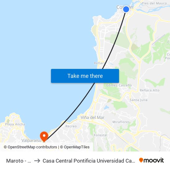 Maroto - Calle 8 to Casa Central Pontificia Universidad Católica De Valparaíso map