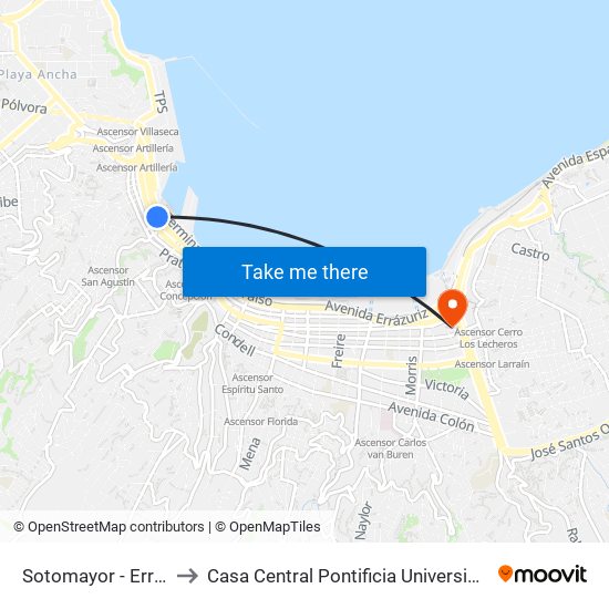Sotomayor - Errazuriz - Puerto to Casa Central Pontificia Universidad Católica De Valparaíso map