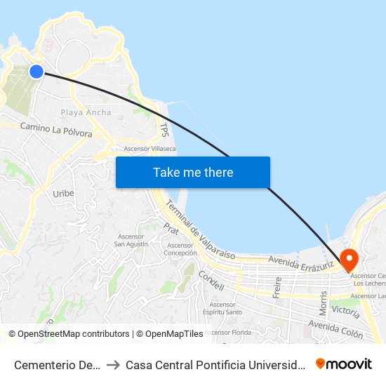 Cementerio De Playa Ancha to Casa Central Pontificia Universidad Católica De Valparaíso map