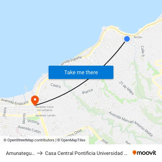 Amunategui / Norte to Casa Central Pontificia Universidad Católica De Valparaíso map