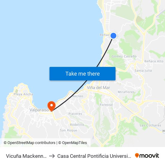 Vicuña Mackenna - Anibal Pinto to Casa Central Pontificia Universidad Católica De Valparaíso map