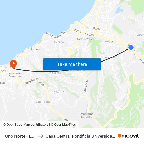 Uno Norte - Los Ligustros to Casa Central Pontificia Universidad Católica De Valparaíso map
