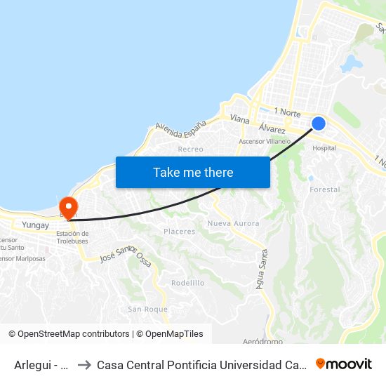 Arlegui - Batuco to Casa Central Pontificia Universidad Católica De Valparaíso map