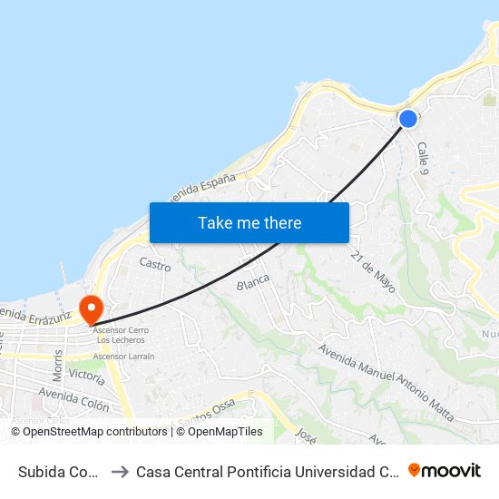 Subida Covadonga to Casa Central Pontificia Universidad Católica De Valparaíso map