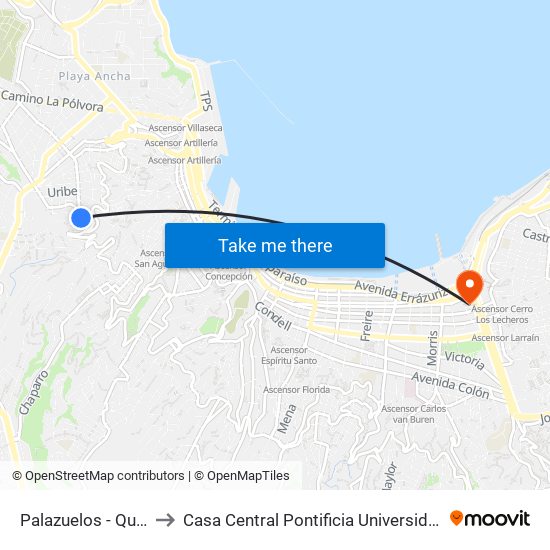 Palazuelos - Quebrada Verde to Casa Central Pontificia Universidad Católica De Valparaíso map