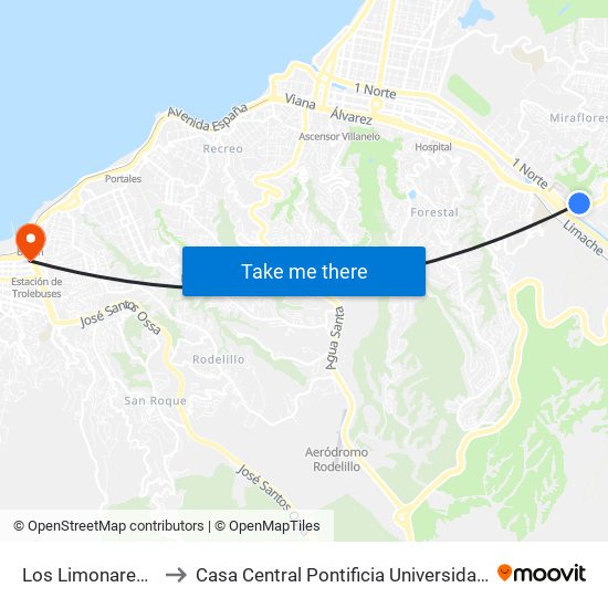 Los Limonares - Uno Norte to Casa Central Pontificia Universidad Católica De Valparaíso map