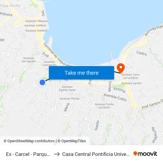 Ex - Carcel - Parque Cultural Valparaiso to Casa Central Pontificia Universidad Católica De Valparaíso map