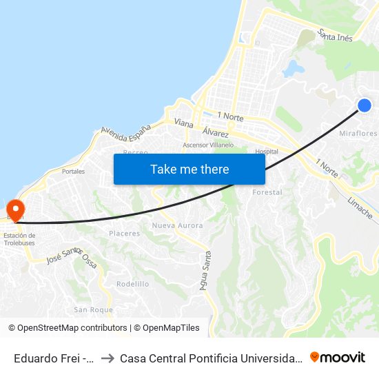 Eduardo Frei - El Manzano to Casa Central Pontificia Universidad Católica De Valparaíso map