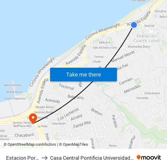 Estacion Portales / Sur to Casa Central Pontificia Universidad Católica De Valparaíso map