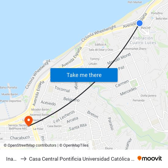 Inacap to Casa Central Pontificia Universidad Católica De Valparaíso map