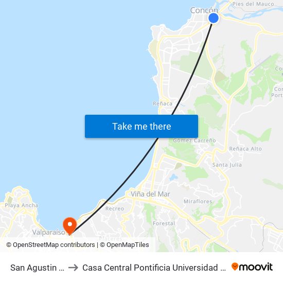 San Agustin - Calle 13 to Casa Central Pontificia Universidad Católica De Valparaíso map