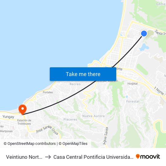 Veintiuno Norte - Calle Dos to Casa Central Pontificia Universidad Católica De Valparaíso map
