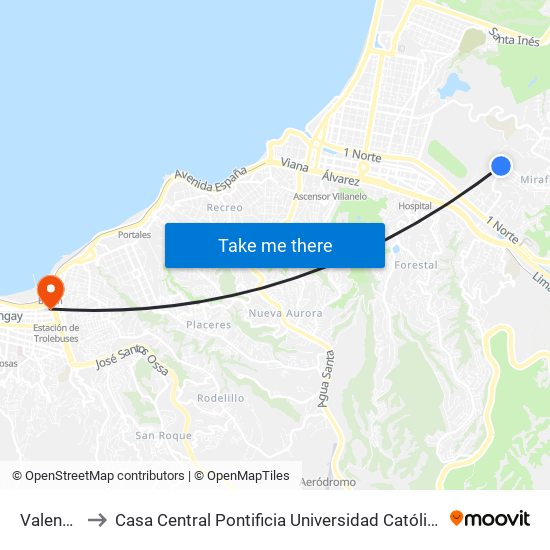 Valenzuela to Casa Central Pontificia Universidad Católica De Valparaíso map