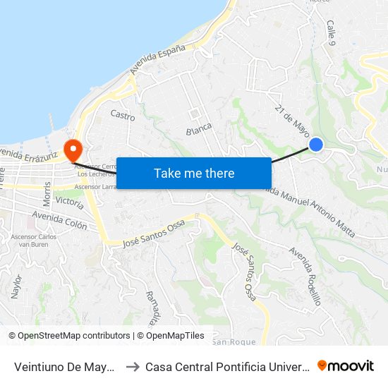 Veintiuno De Mayo - Nuñez De Balboa to Casa Central Pontificia Universidad Católica De Valparaíso map