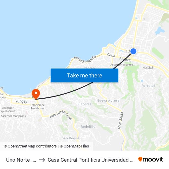Uno Norte - Libertad to Casa Central Pontificia Universidad Católica De Valparaíso map