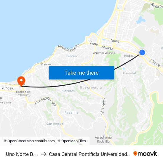 Uno Norte Bella Tierras to Casa Central Pontificia Universidad Católica De Valparaíso map