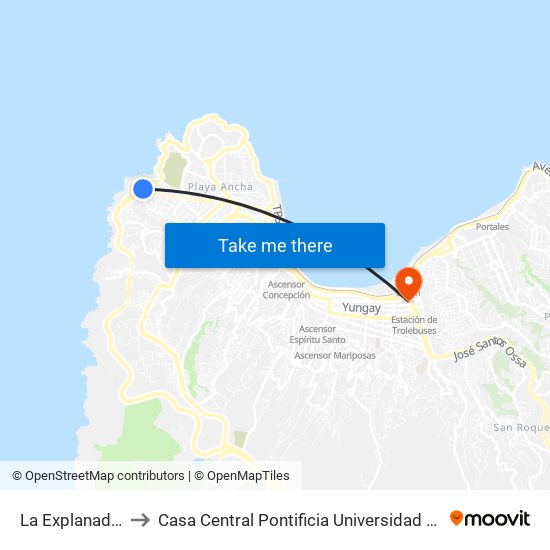 La Explanada Oriente to Casa Central Pontificia Universidad Católica De Valparaíso map